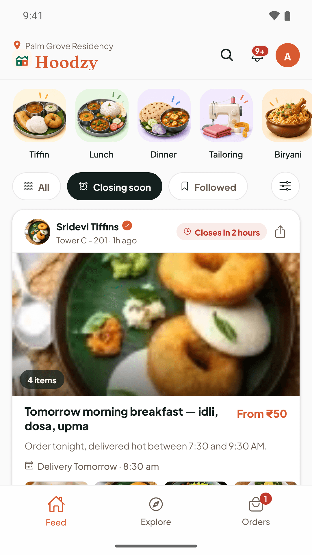 The Hoodzy app feed showing a neighbour's breakfast menu that closes in two hours